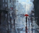 I am attracted to the atmosphere of cities;the bright
light,noise,the vitality.My paintings explore the the way
that light falls in a city,how it casts shadows and
reflections,how it pierces the darkness.
I enjoy painting streets,markets,cafes-seeing how
people behave,painting them in stillness or in frantic
motion.